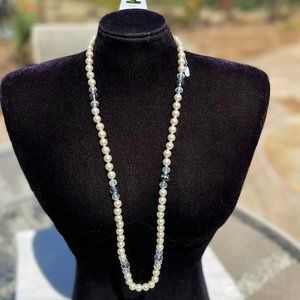 Long Ivory Pearl Necklace Sparkle Silver Tone Dressy Faux Crystal NWT